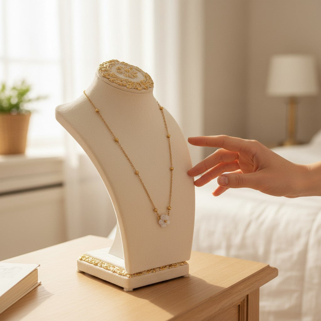 Mariah – 18K Gold Plated Ball Necklace with White Flower Pendant