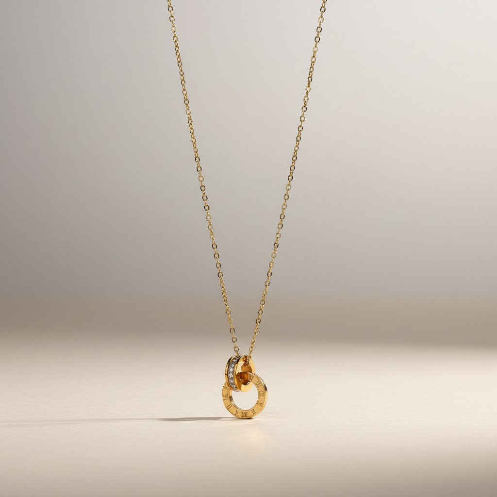 Maxine- 18K Gold Plated Interlocking Circles with Roman Numerals featuring Zircon Crystals