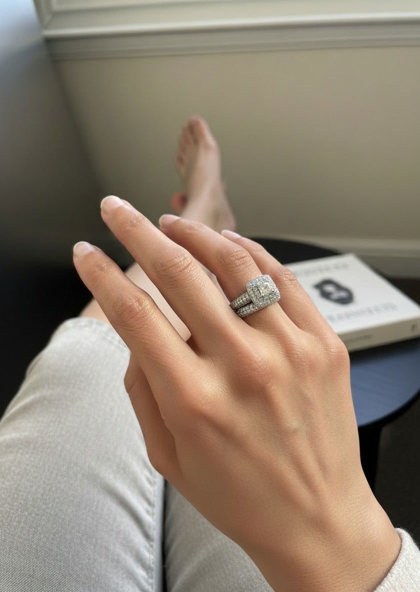 Eva- Square Cut Zirconia Diamond with Pave design band (set of 2 rings) | Platinum Plated