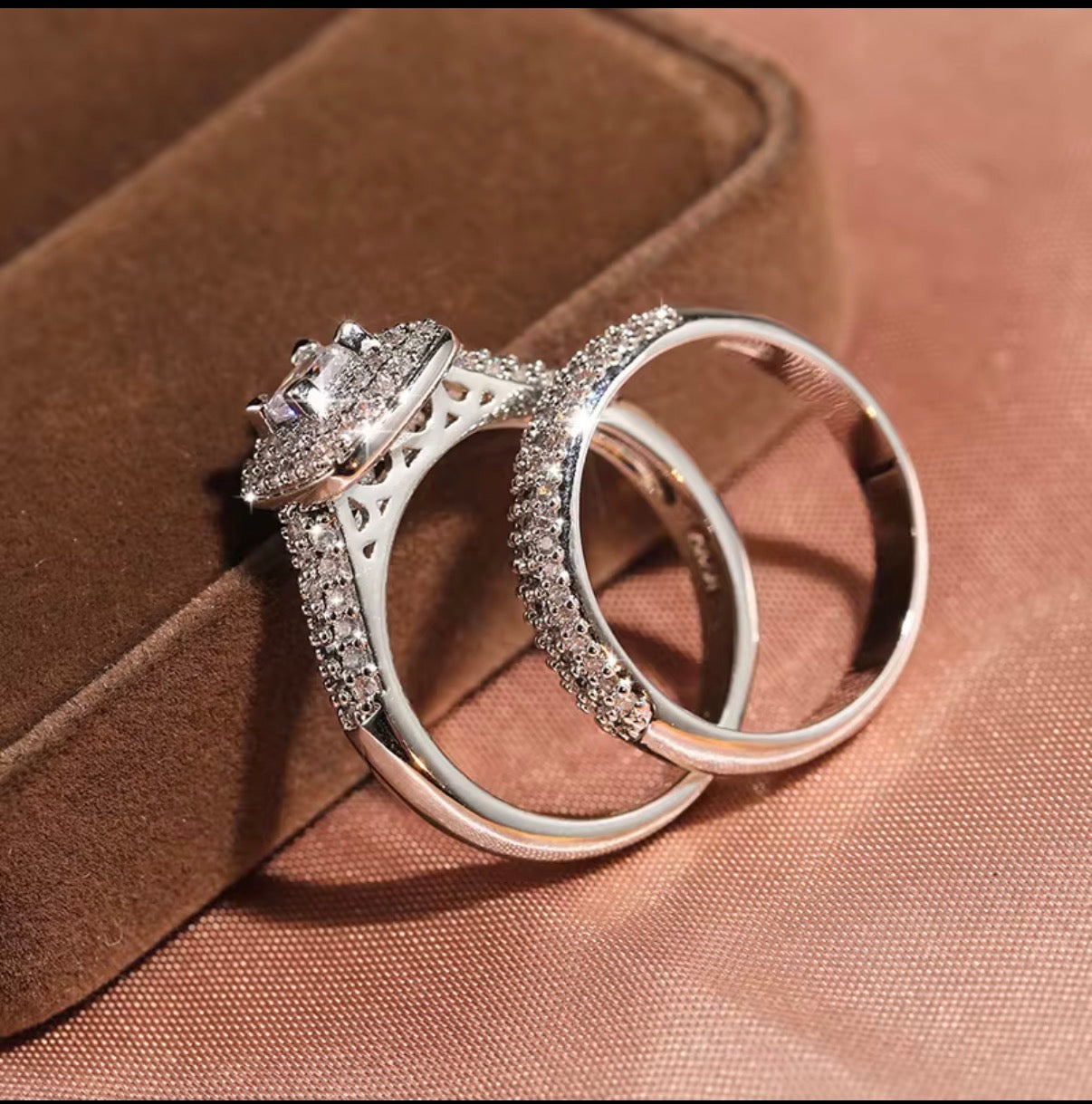 Eva- Square Cut Zirconia Diamond with Pave design band (set of 2 rings) | Platinum Plated