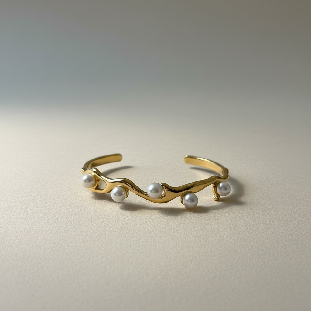Elaf 18K Gold Plated Wavy Cuff Bangle with Pearls