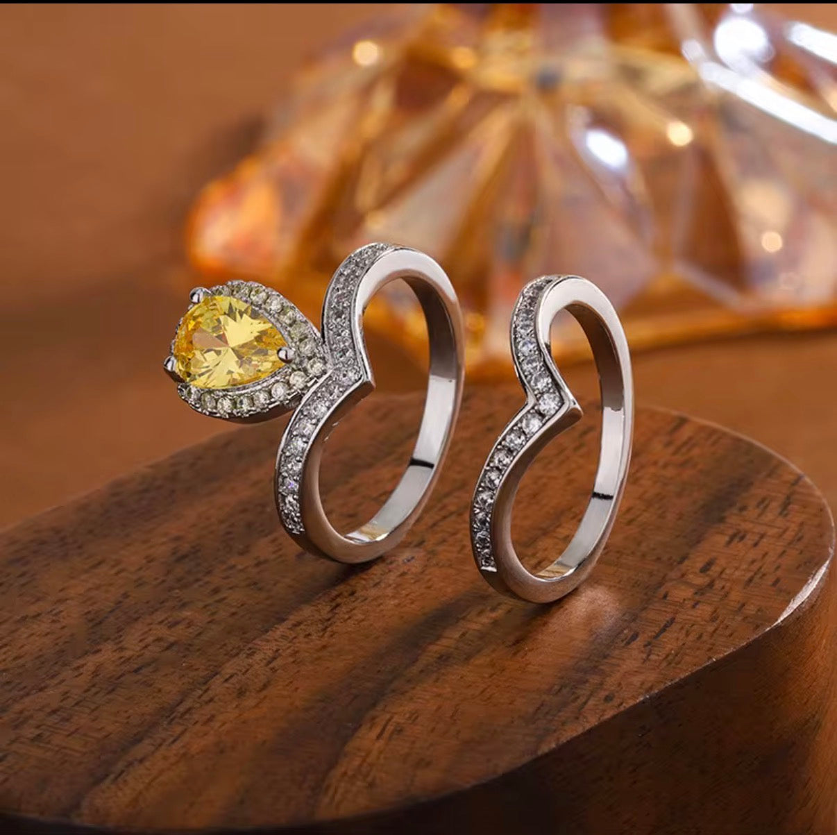 Chloe- Yellow Pear Cut Zirconia Stone Ring (set of 2)