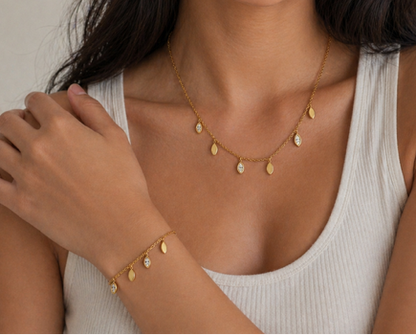 Aysha- 18K Gold Plated Leaf Necklace and Bracelet set with Zircon Stones