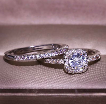 Luna- Set of 2 Platinum Plated Pave design Rings featuring Round cut Cubic Zirconia Stone