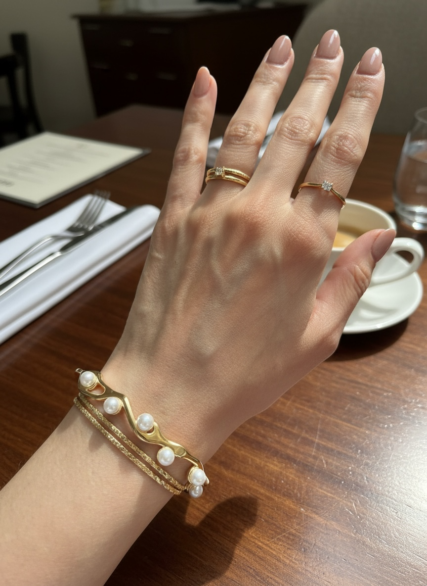 Elaf 18K Gold Plated Wavy Cuff Bangle with Pearls