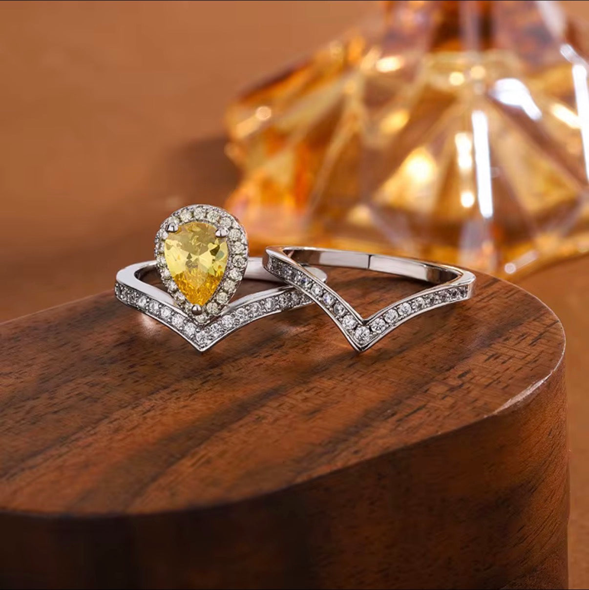 Chloe- Yellow Pear Cut Zirconia Stone Ring (set of 2)