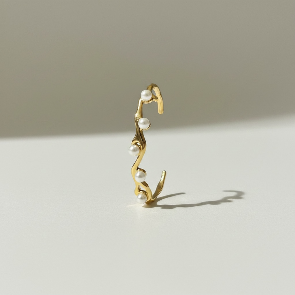 Elaf 18K Gold Plated Wavy Cuff Bangle with Pearls
