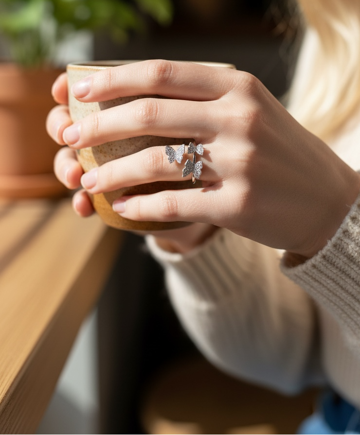 Sarah- Butterfly Ring Platinum Plated with Zircon Stones (Adjustable)
