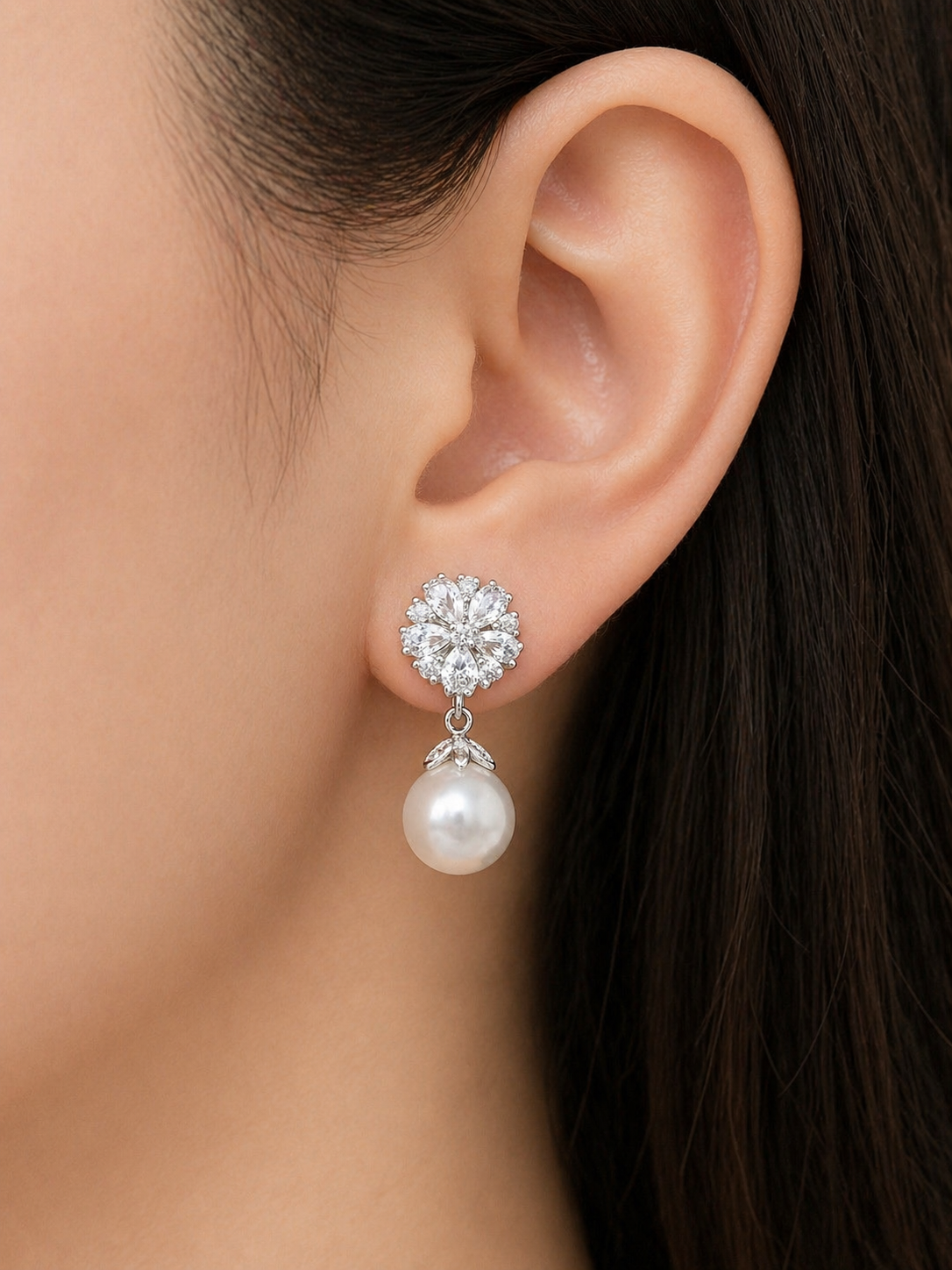 Sid- Pearl drop Studs with Zirconia Stones Platinum plated