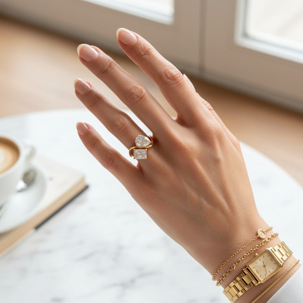 Amy- 18K Gold Plated Tear Drop and Rectangle Zircon Ring