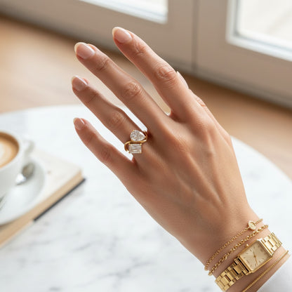 Amy- 18K Gold Plated Tear Drop and Rectangle Zircon Ring