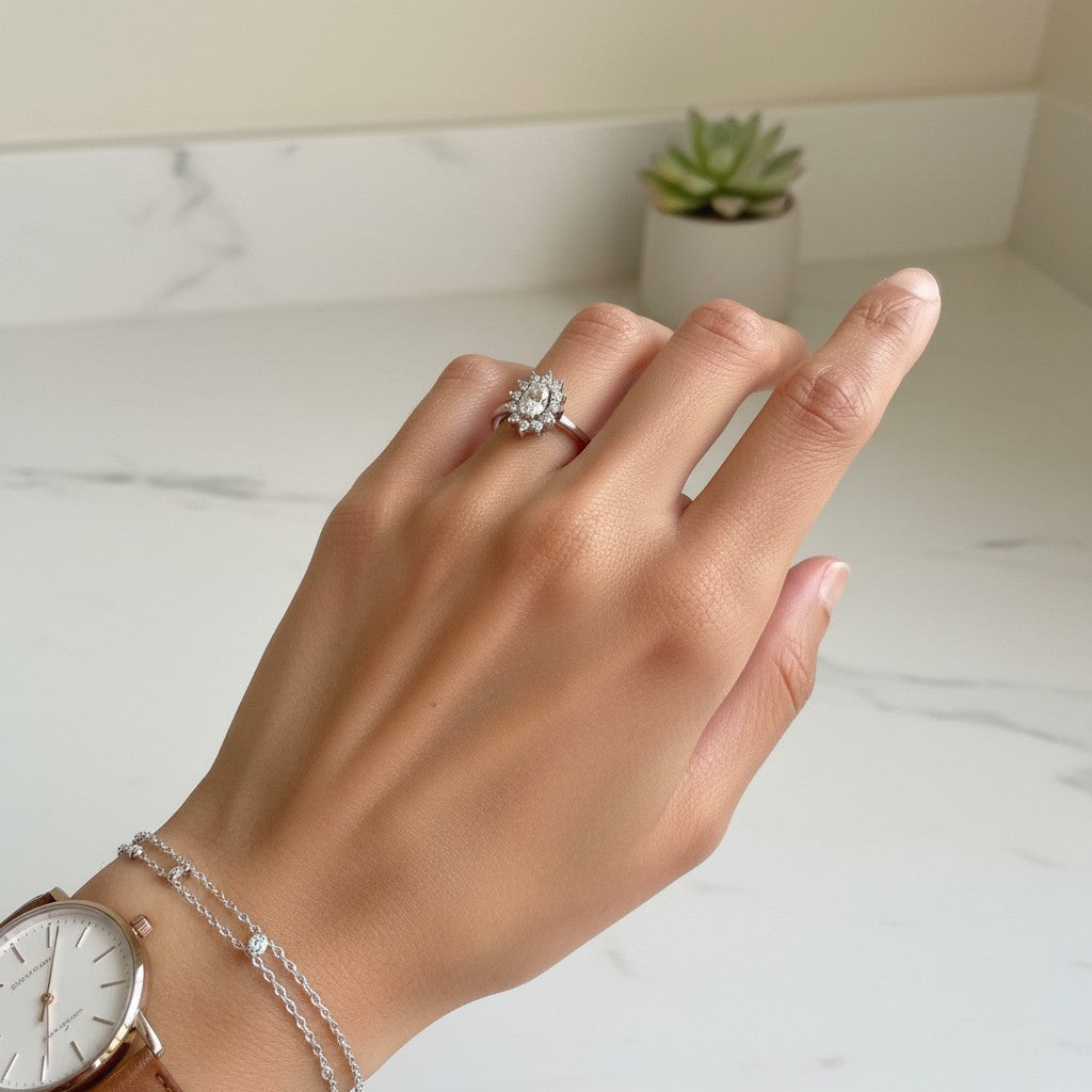 Zena- 18K Gold Plated PVD/Stainless Steel Zirconia Flower Ring Adjustable
