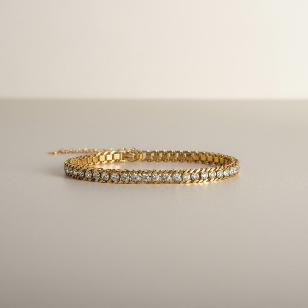 Sareena- 18K Gold Plated Double Layer Cuban Chain with Zirconia Pave Design bracelet