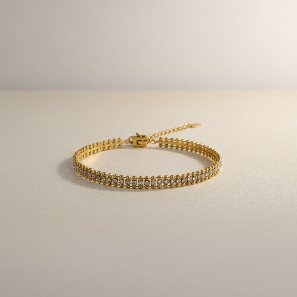 Feya- 18K Gold Plated Zirconia Pave with Double Layer Gold Beads