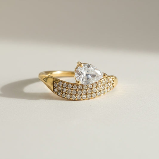 Sheba- 18K Gold Plated Zircon Tear Drop on a Pave Ring
