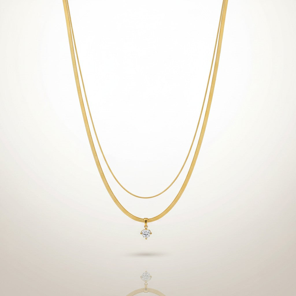 Frishta | 18K Gold Plated Double Layer Zirconia Necklace | Pink & Clear