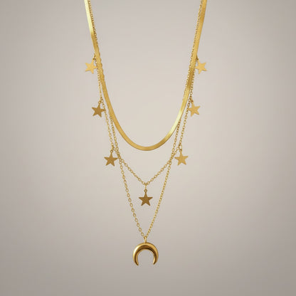 Skye| 18K Gold Plated Triple Layer Star & Moon Charm Necklace