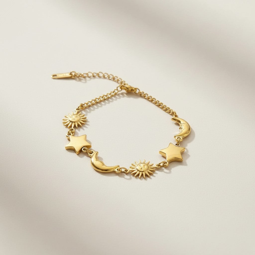 Alicia- 18K Gold Plated Sun Star Moon Charm Bracelet