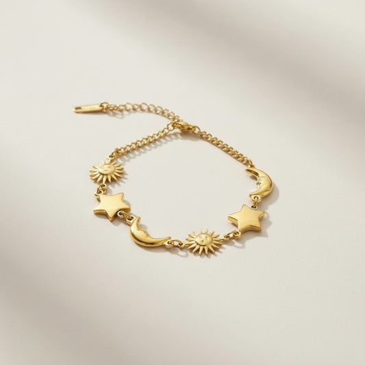 Alicia- 18K Gold Plated Sun Star Moon Charm Bracelet