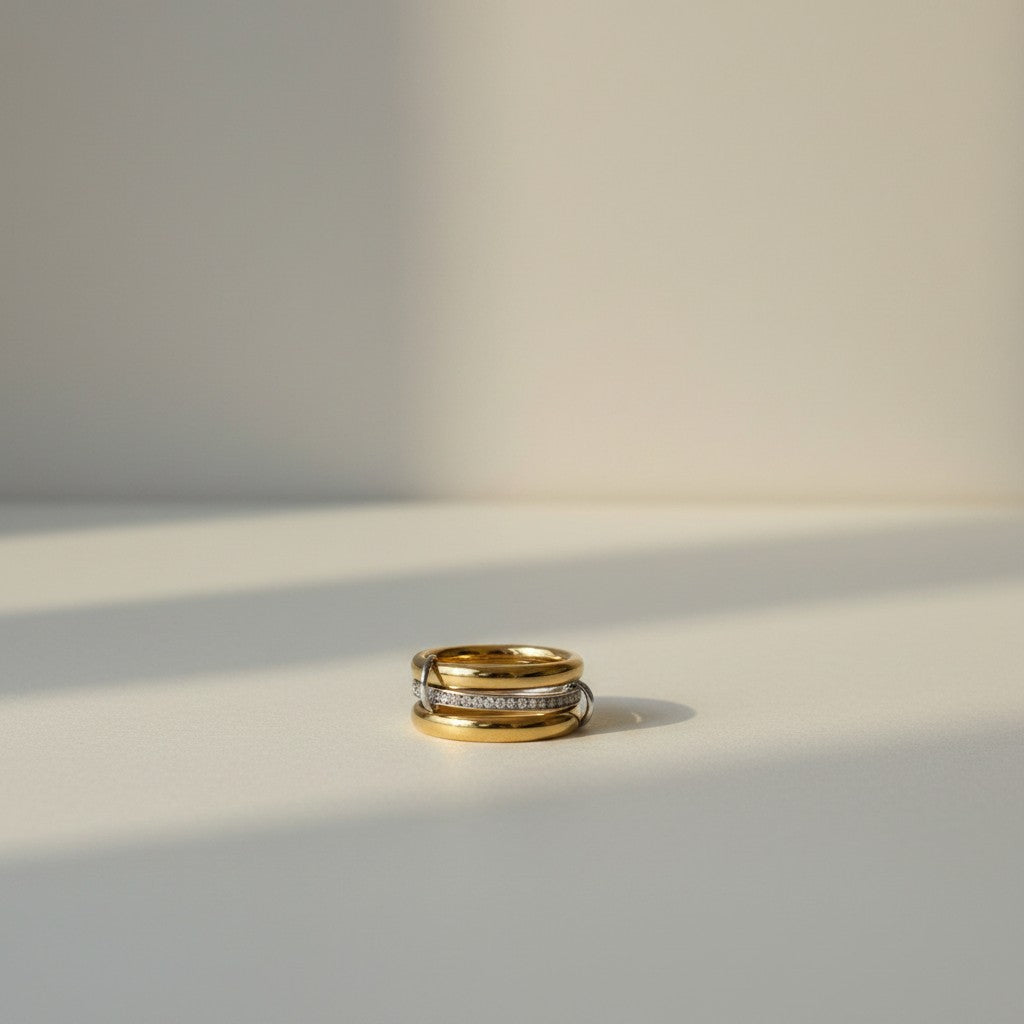 Nada – 18K Gold Plated Two-Tone 3 Interlocking Stack Ring with Zirconia Pavé Band