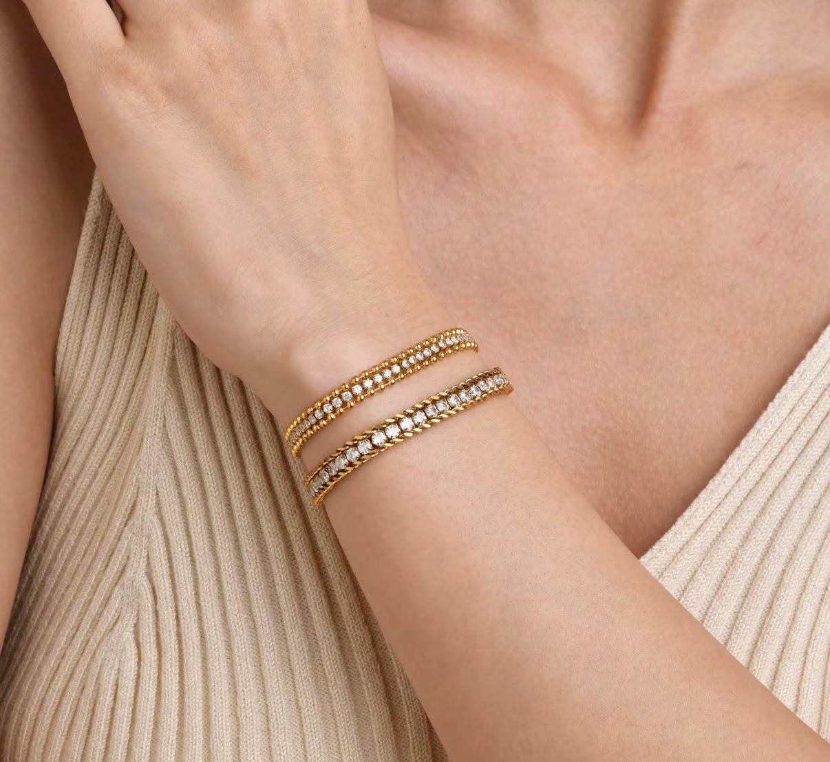 Feya- 18K Gold Plated Zirconia Pave with Double Layer Gold Beads