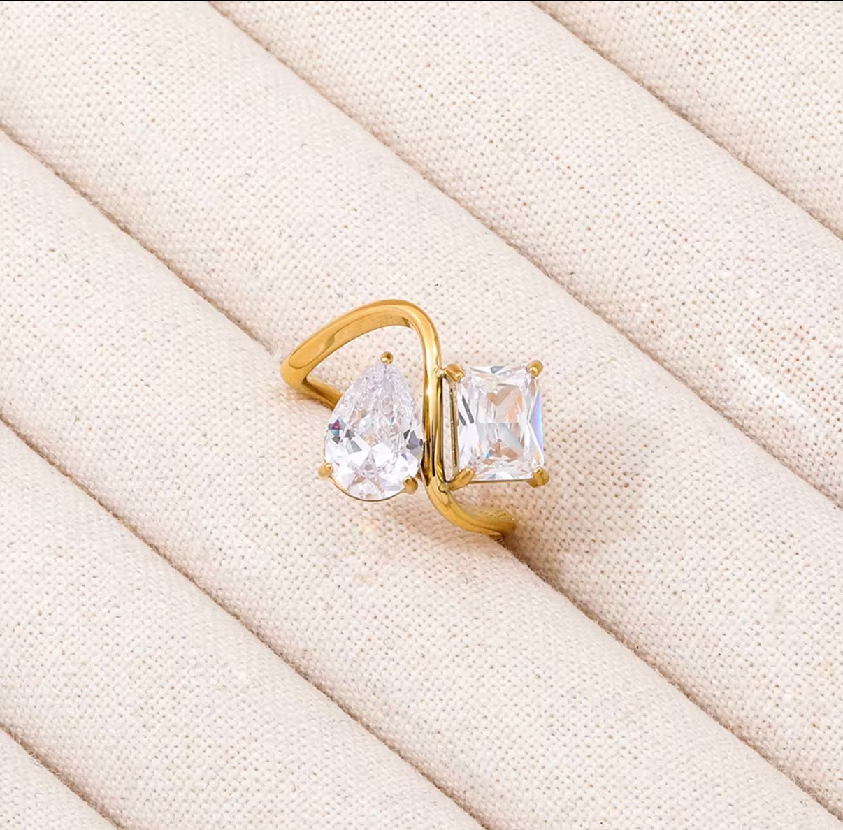 Amy- 18K Gold Plated Tear Drop and Rectangle Zircon Ring