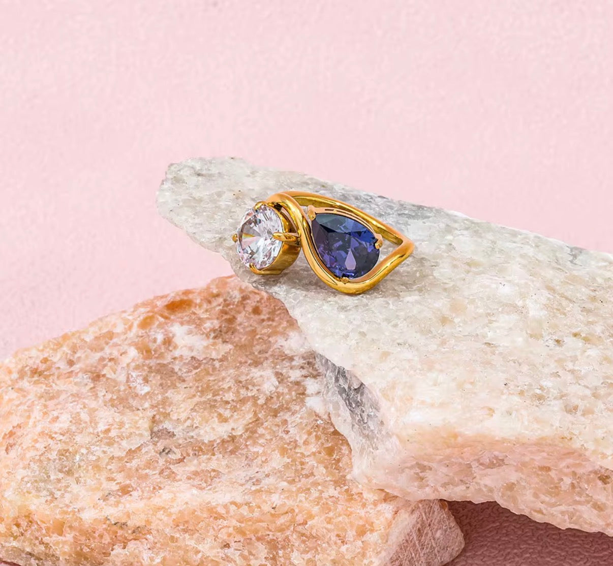 Nova- 18K Gold Plated Waterdrop Zircon Ring in Blue and White