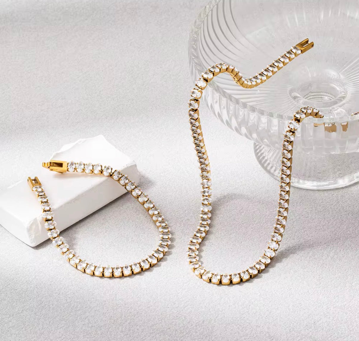 Rosie- 18K Gold Plated Oval Zirconia Tennis Necklace and Bracelet Set