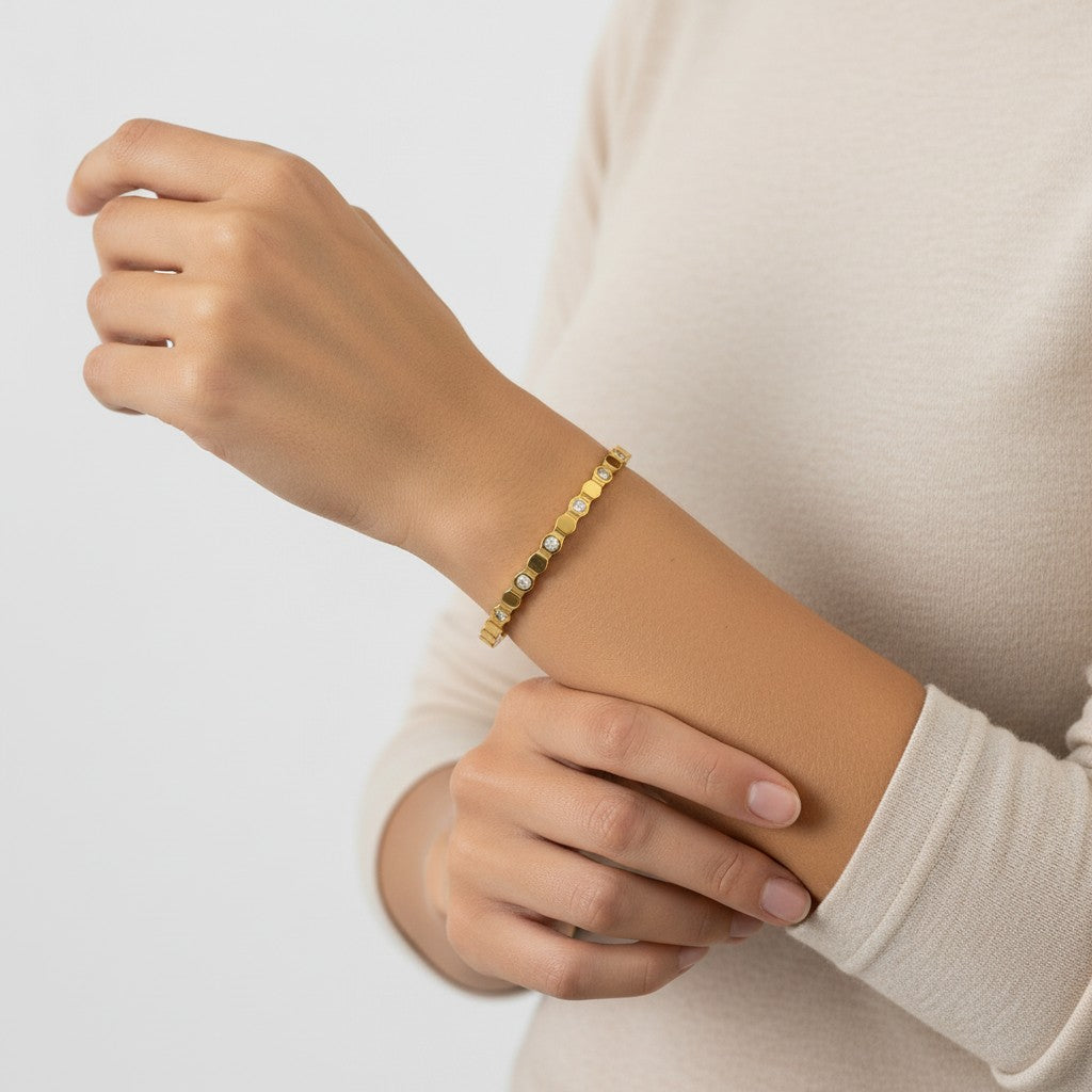 Hannah- Honeycomb Gold Plated Bracelet with Zircon stones