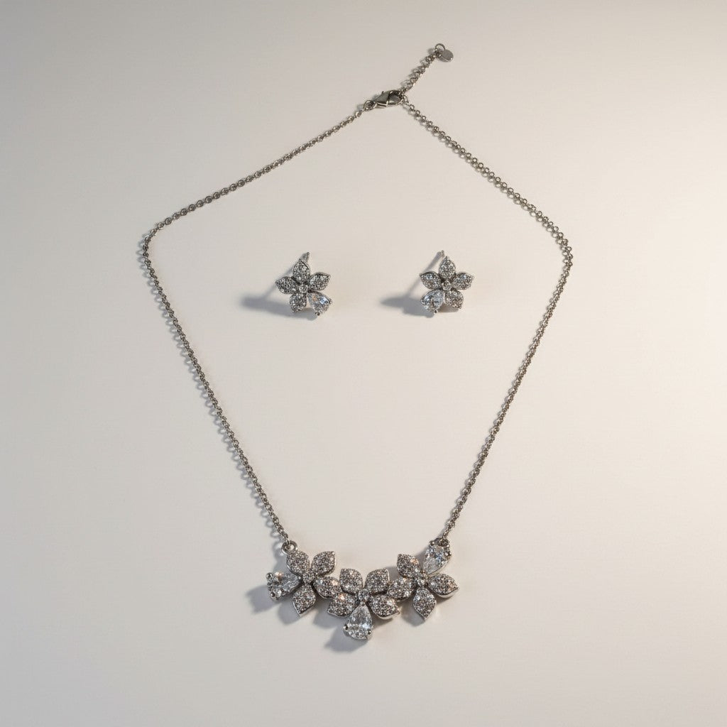 Zelda- Marquised cut Cubic Zirconia Platinum Plated Flower set