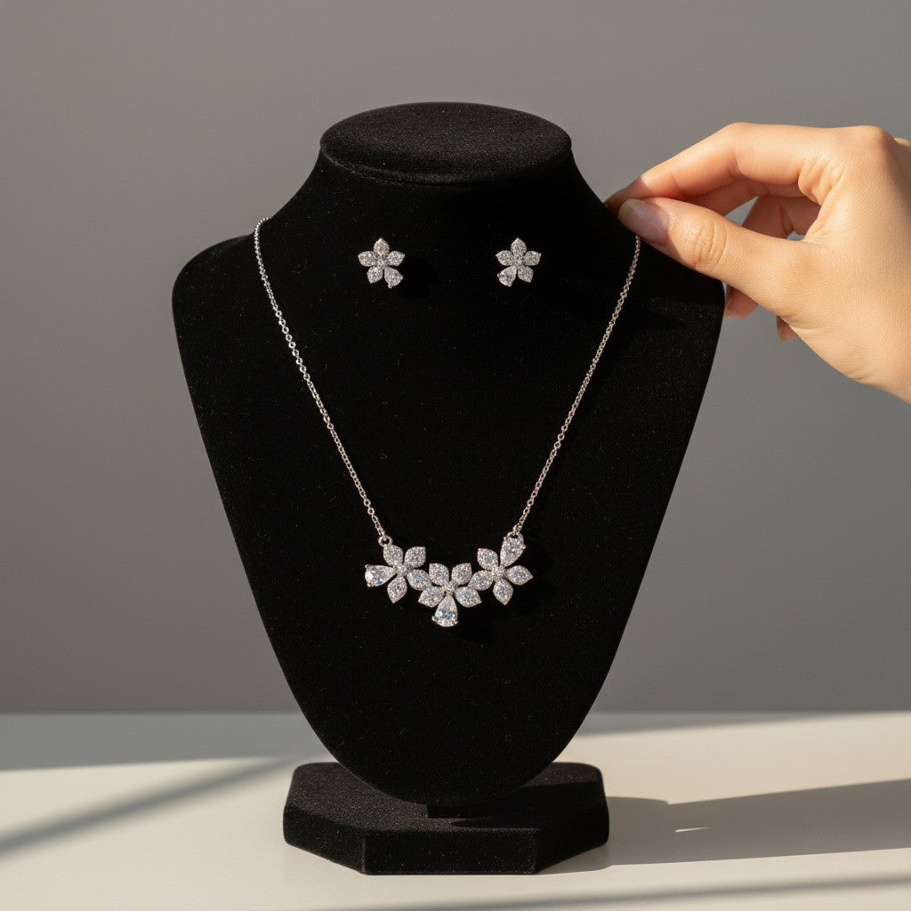 Zelda- Marquised cut Cubic Zirconia Platinum Plated Flower set