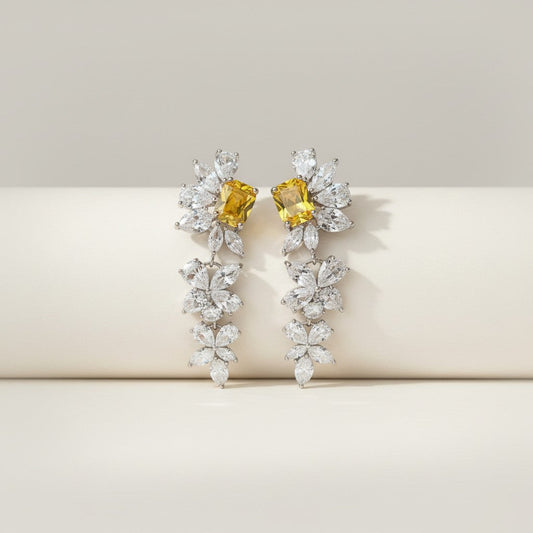 Zoya- Half Yellow Flower Cubic Zirconia Platinum Plated Earrings
