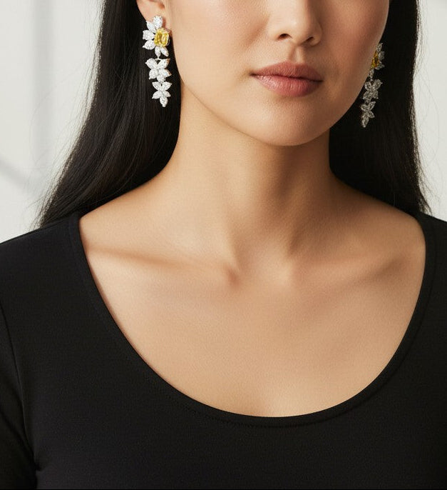 Zoya- Half Yellow Flower Cubic Zirconia Platinum Plated Earrings