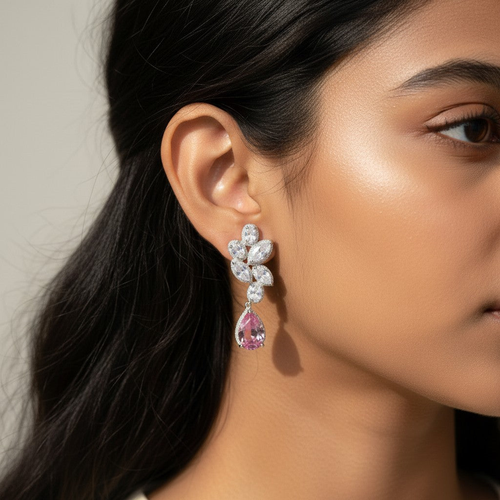 Amina- Pink Cubic Zirconia Platinum plated Earrings
