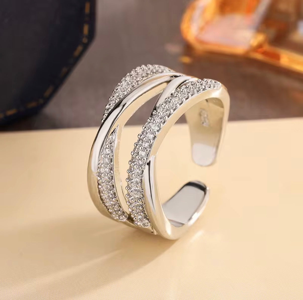 Roxy- Double layer X shaped Ring with Zircon Stones Adjustable