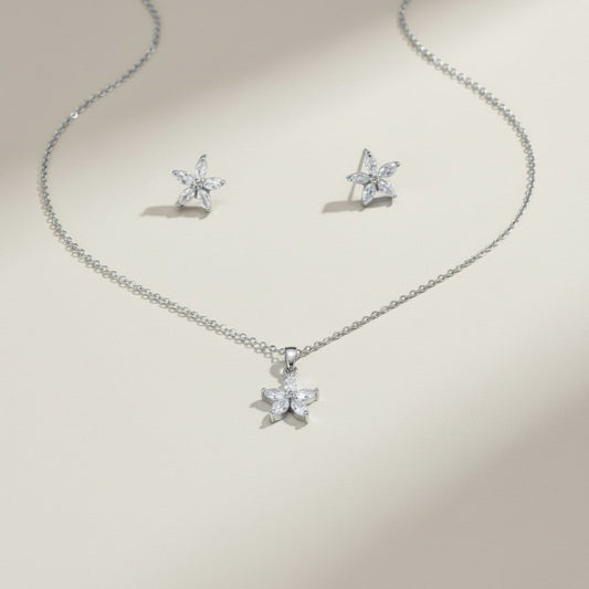 Yash- Flower Cubic Zirconia Platinum Plated Jewellery Set