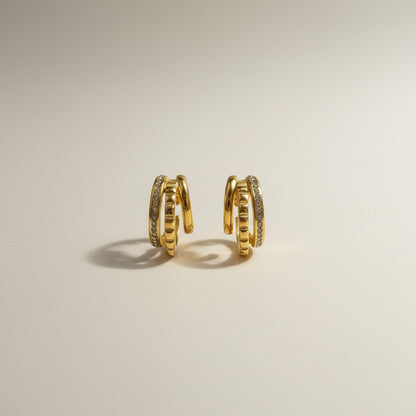 Beatrice | 18K Gold Plated Triple Hoop Stud Earrings with Pavé Zirconia