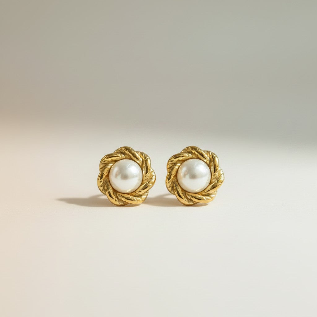 Merve | Classic Pearl 18K Gold Plated Twisted Stud Earrings
