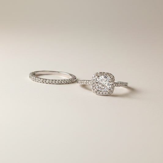 Luna- Set of 2 Platinum Plated Pave design Rings featuring Round cut Cubic Zirconia Stone