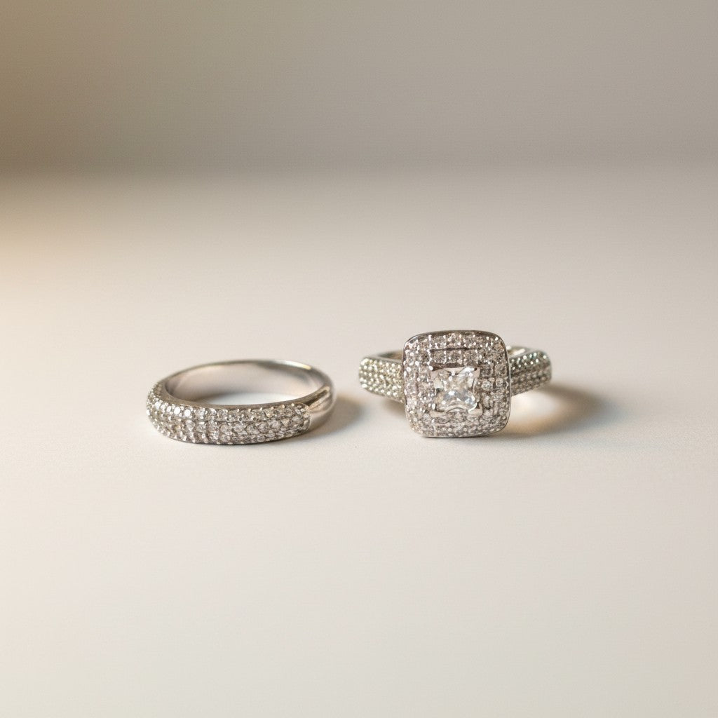 Eva- Square Cut Zirconia Diamond with Pave design band (set of 2 rings) | Platinum Plated