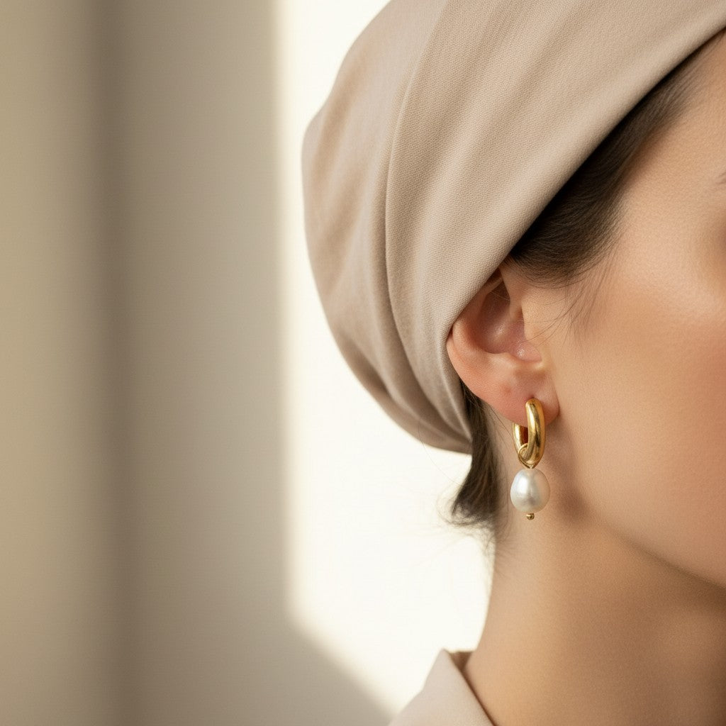Janet | 18K Gold Plated Chunky Hoop & Classic White Irregular Pearl Drop Earrings