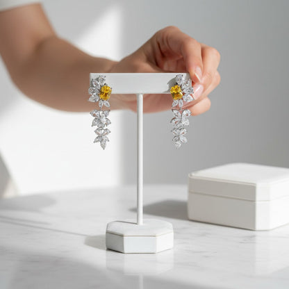 Zoya- Half Yellow Flower Cubic Zirconia Platinum Plated Earrings