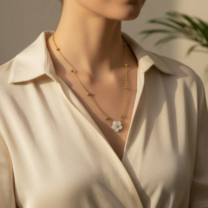 Mariah – 18K Gold Plated Ball Necklace with White Flower Pendant