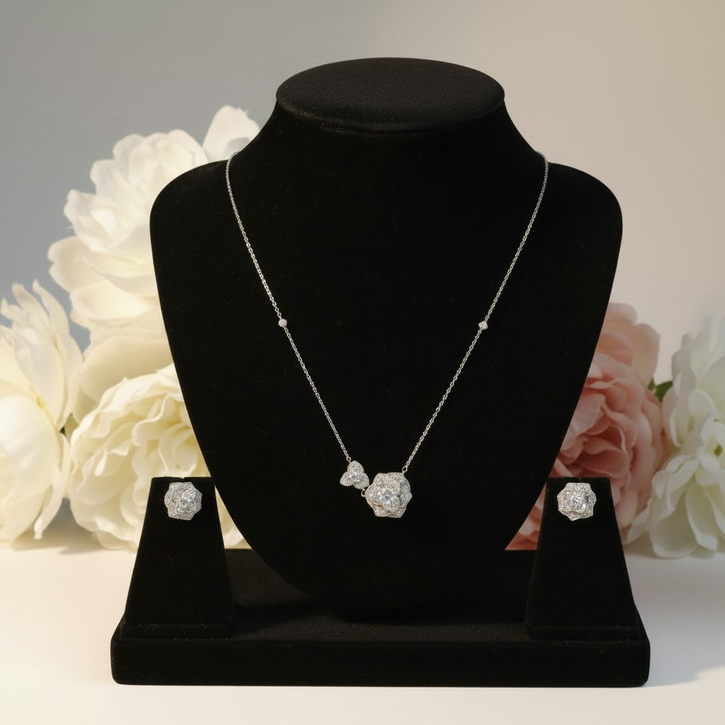 Zainab- Flower Bloom Cubic Zirconia Platinum Plated Jewellery Set
