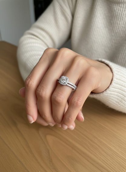 Luna- Set of 2 Platinum Plated Pave design Rings featuring Round cut Cubic Zirconia Stone