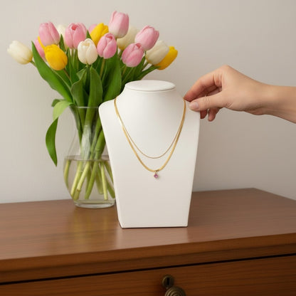 Frishta | 18K Gold Plated Double Layer Zirconia Necklace | Pink & Clear