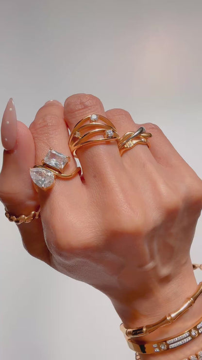Amy- 18K Gold Plated Tear Drop and Rectangle Zircon Ring