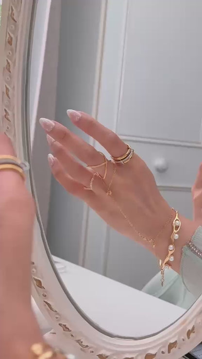Elaf 18K Gold Plated Wavy Cuff Bangle with Pearls