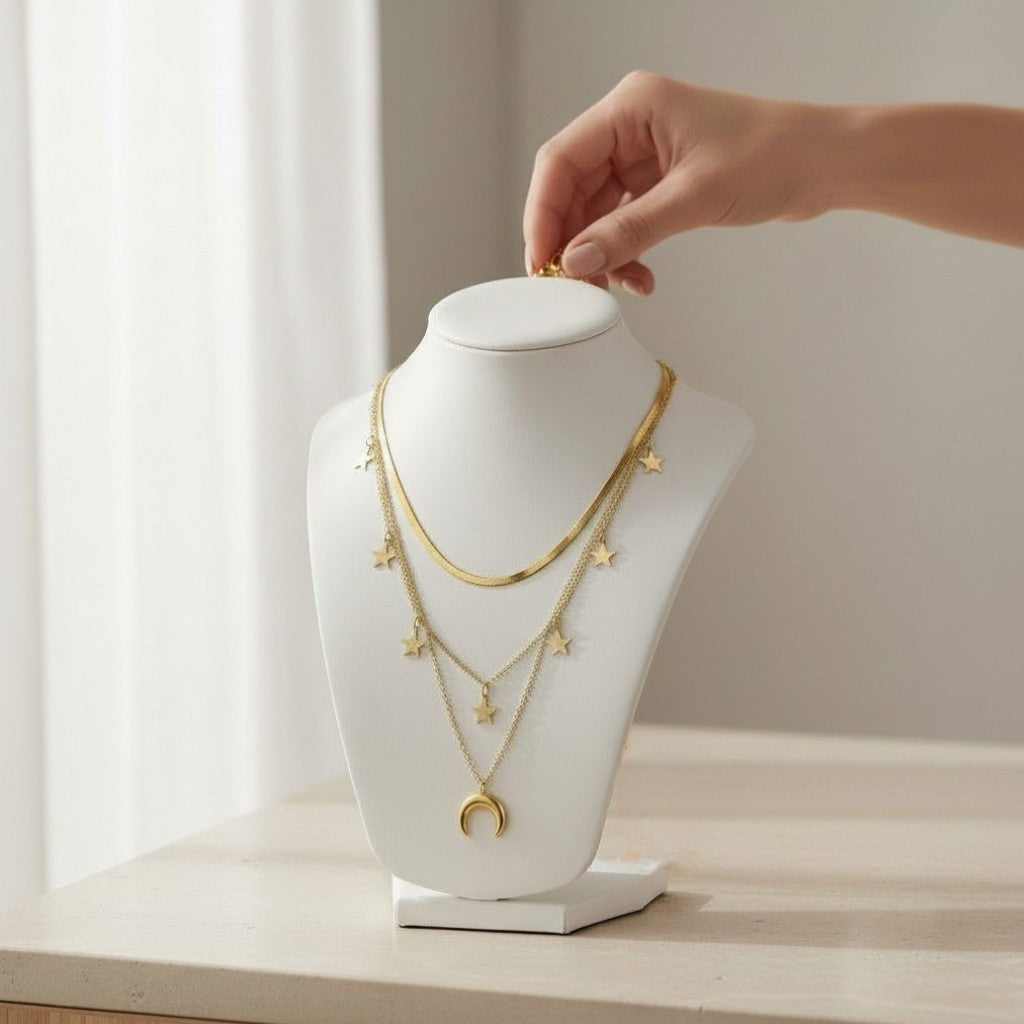 Skye| 18K Gold Plated Triple Layer Star & Moon Charm Necklace